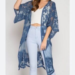 🟠NWT SHE + SKY Lace Midi Kimono Cardigan in Dusty Blue S/M